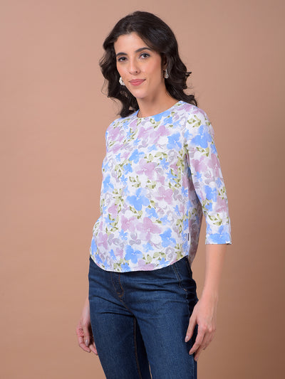 Multi-Color Floral Print Linen Top