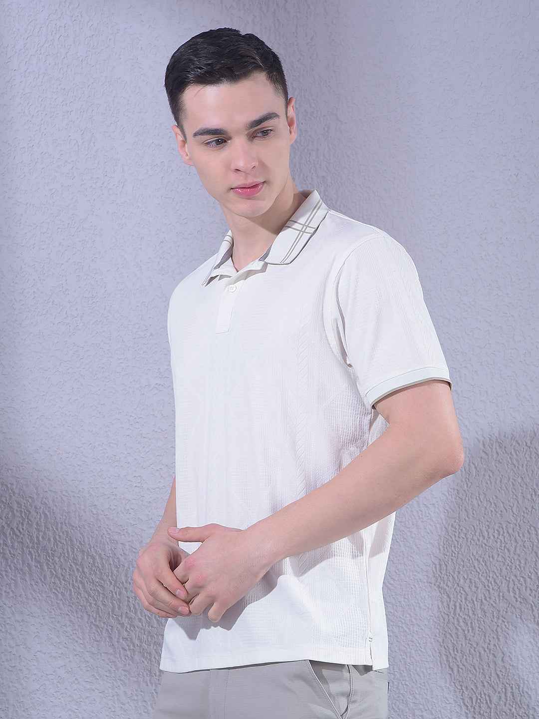 White Jacquard Polo Neck T-Shirt