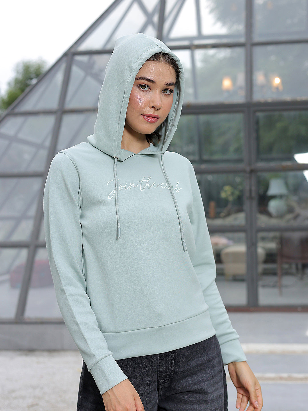 Green Typographic Print Hooded Neck Sweatshirt