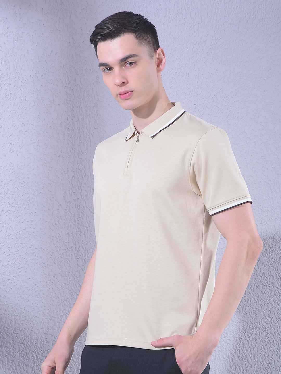 Beige Polo Neck T-Shirt with Zip Closure