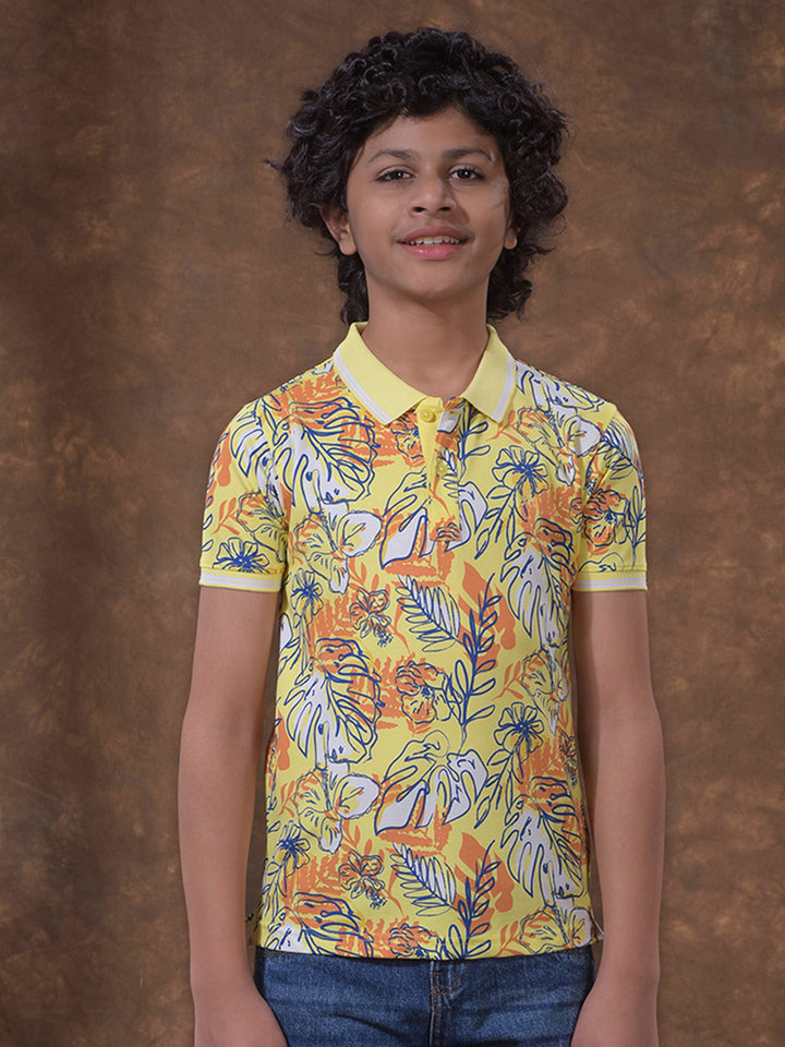 Green Floral Print Polo Neck T-Shirt