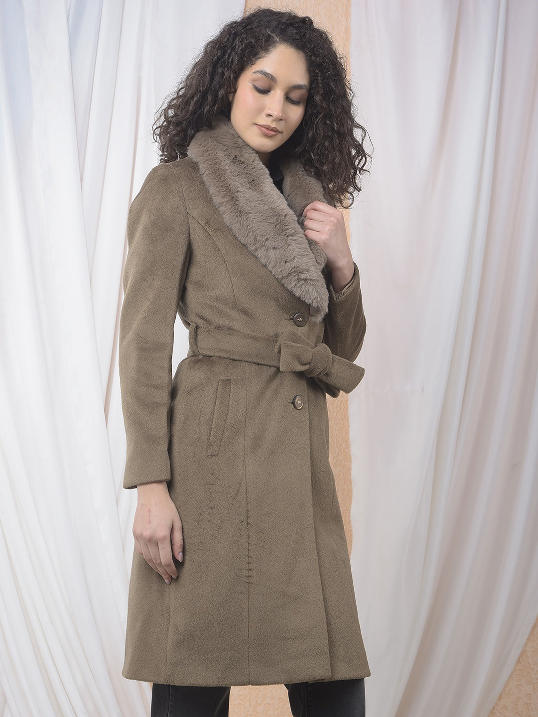 Brown Notched Lapel Overcoat With Belt