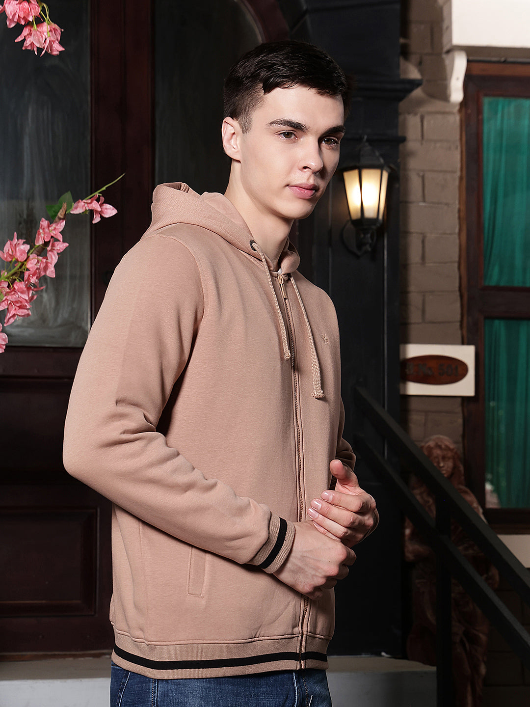 Beige Hooded Neck Front Open Sweatshirt