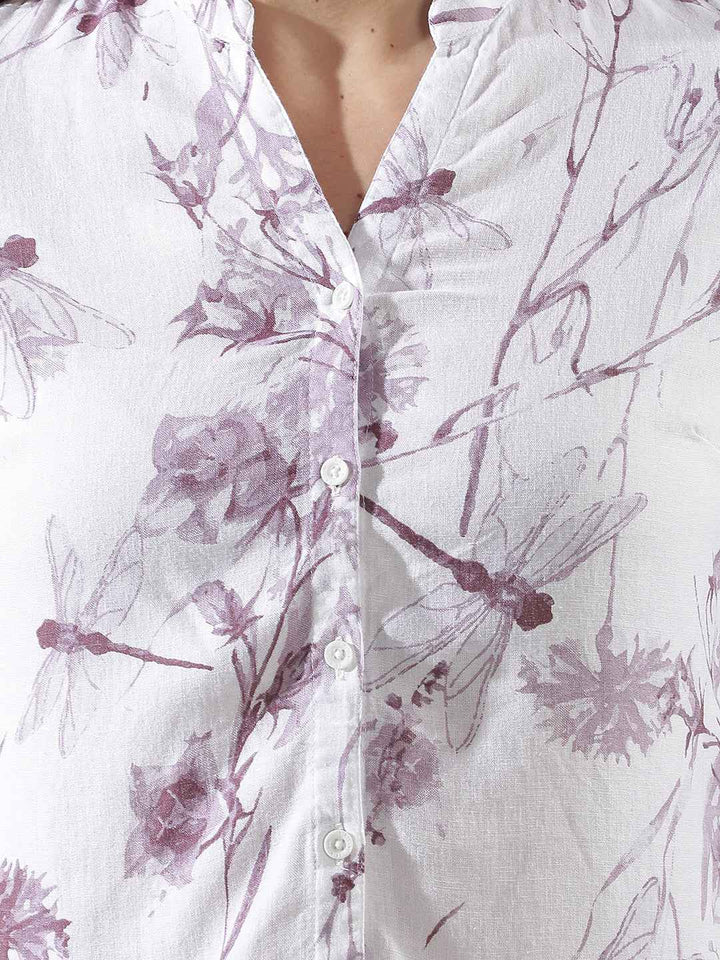 Purple Floral Print V-Neck Linen Shirt