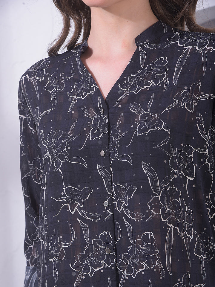 Black Floral Print V-Neck Shirt