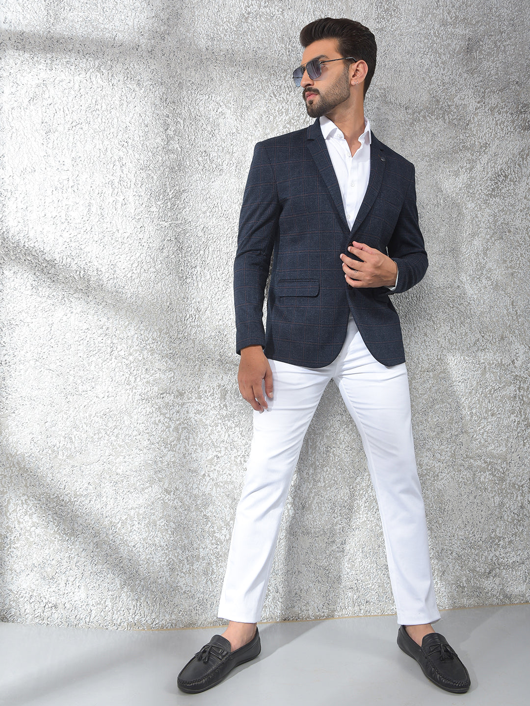 Navy Blue Checked Notched Lapel Single-Breasted Blazer