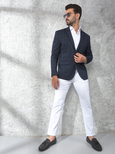 Navy Blue Checked Notched Lapel Single-Breasted Blazer