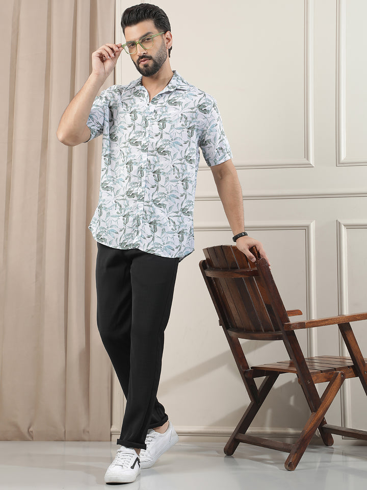 Green Floral Print Linen Shirt