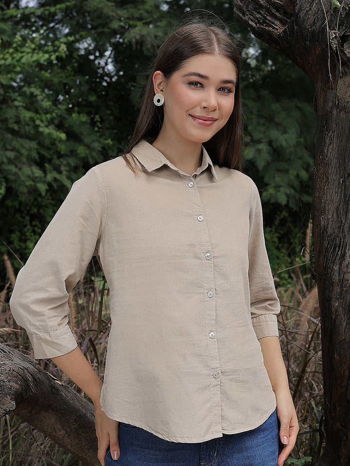 Sleek Warm Sand Beige Corduroy Shirt