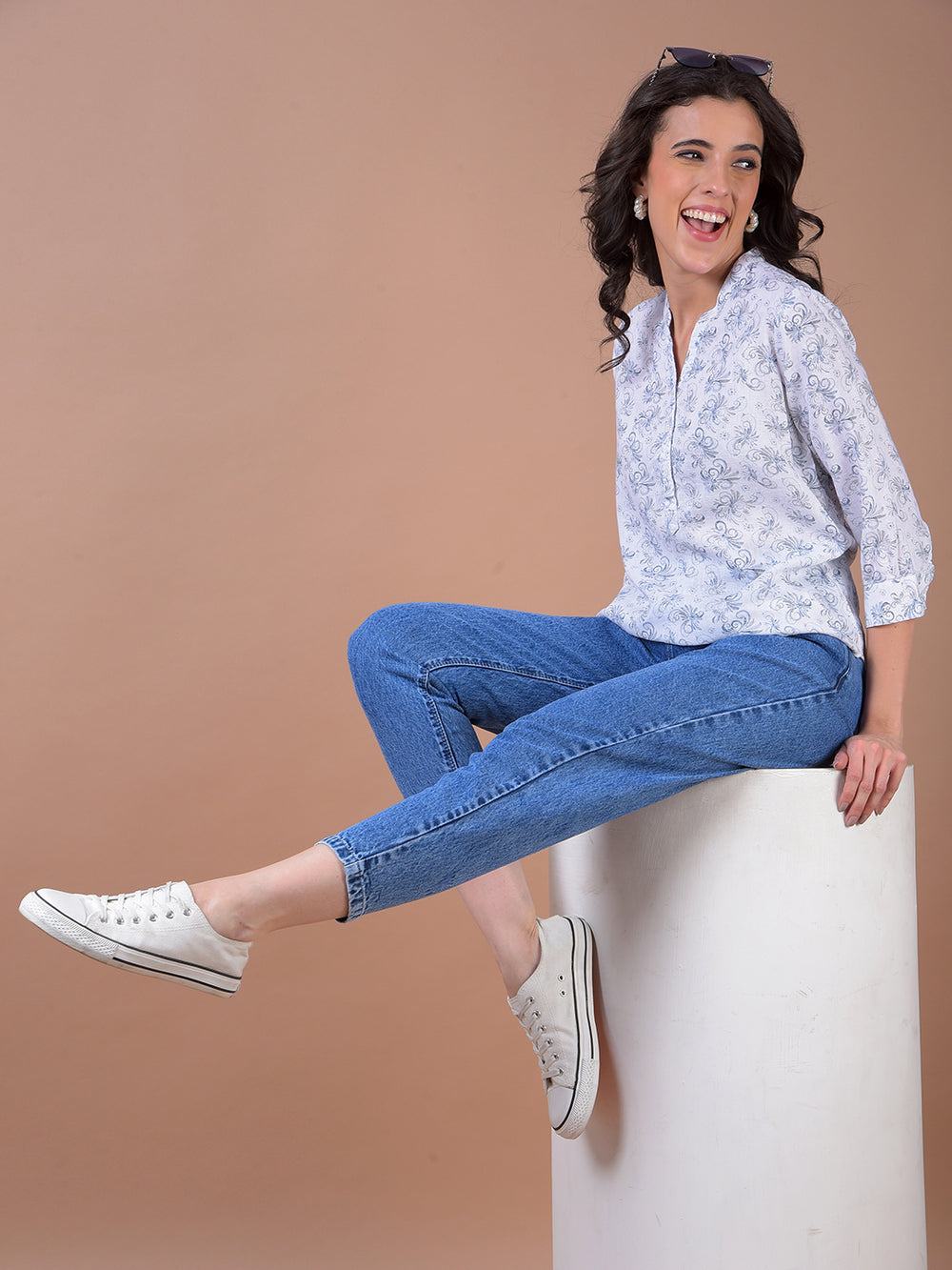 White Floral Print V-Neck Linen Top