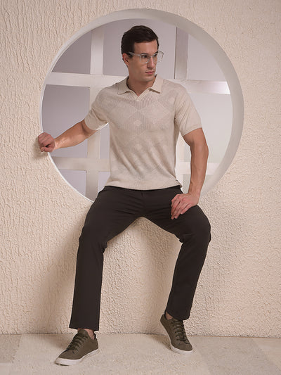 Beige Jacquard Polo Neck T-Shirt