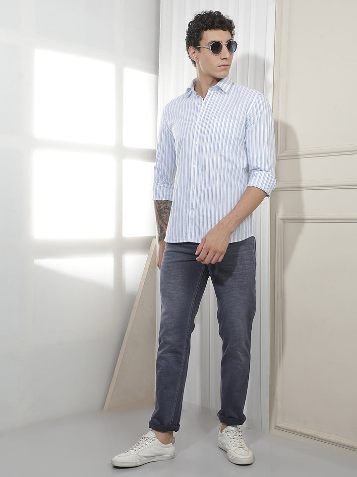 Blue Vertical Striped 100% Cotton Shirt