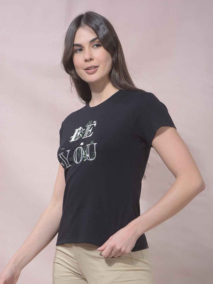 Black Typographic Print Modal T-Shirt