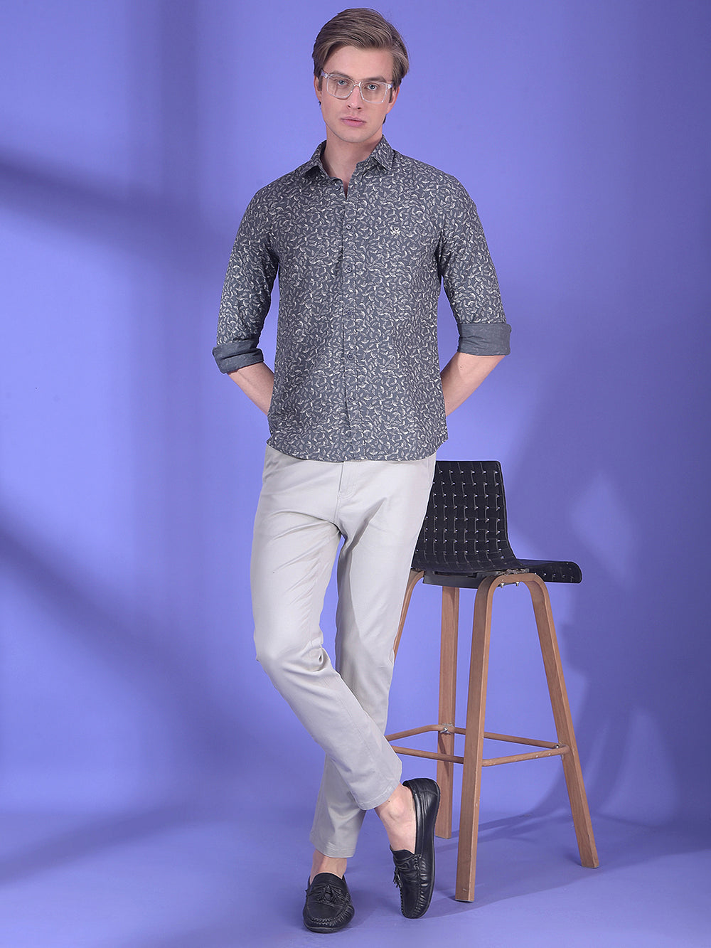 Grey Floral Printed 100% Cotton Shirt