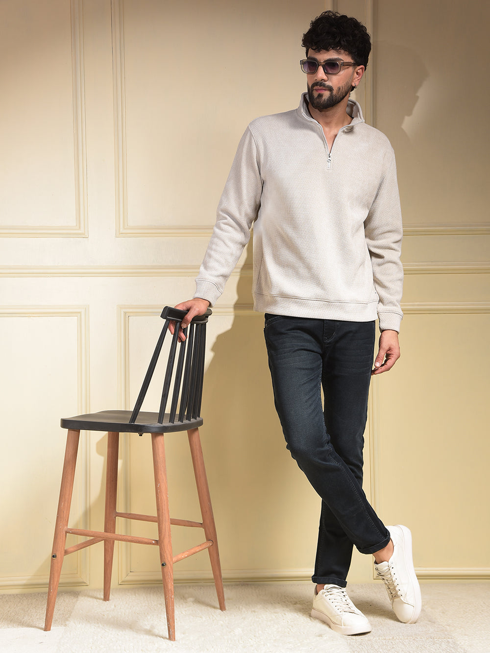 Beige Jacquard Half-Zip High-Neck Sweatshirt