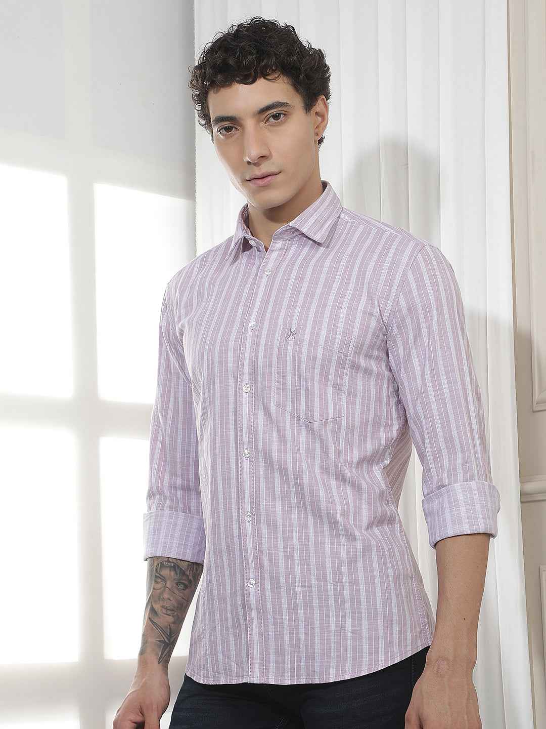 Purple Vertical Striped 100% Cotton Shirt
