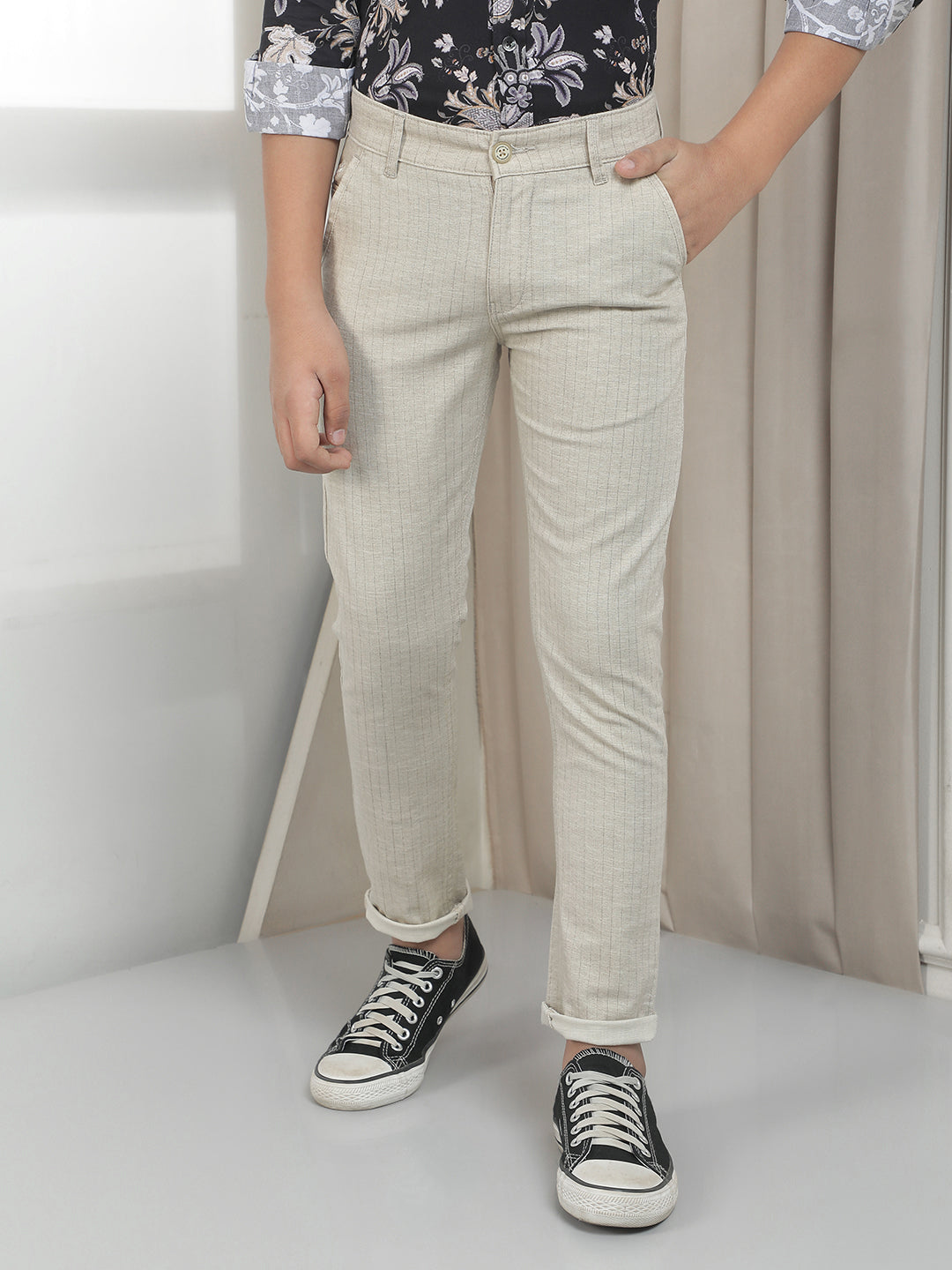 Beige Cotton Striped Stretchable Trousers