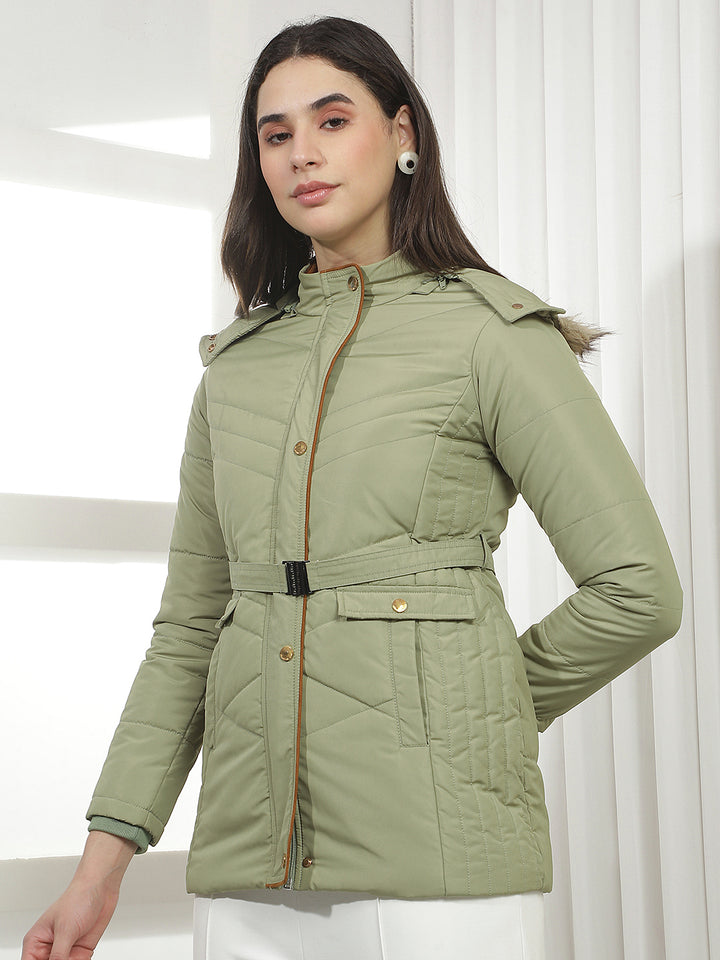 Green Hooded Puffer Jacket With Belt