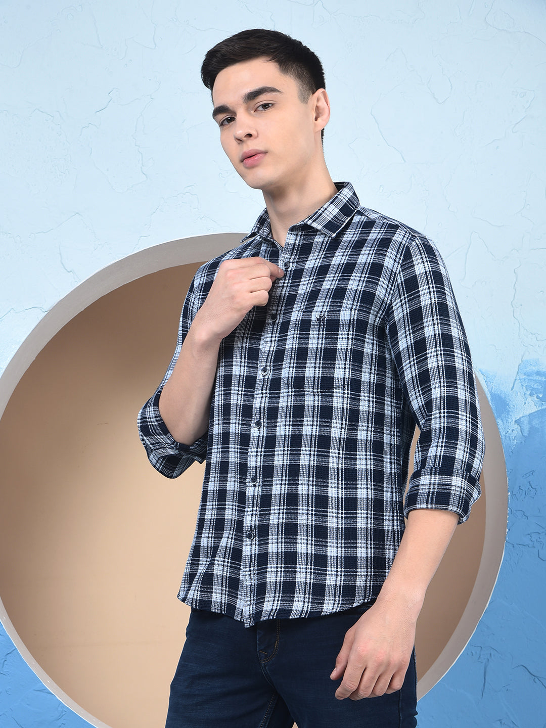 Navy Blue Checked 100% Cotton Knitted Shirt