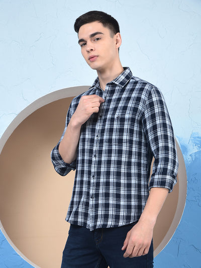 Navy Blue Checked 100% Cotton Knitted Shirt
