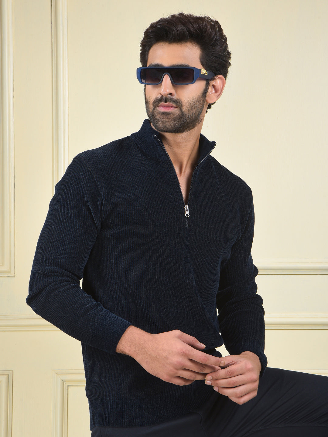 Blue Jacquard High Neck Sweater