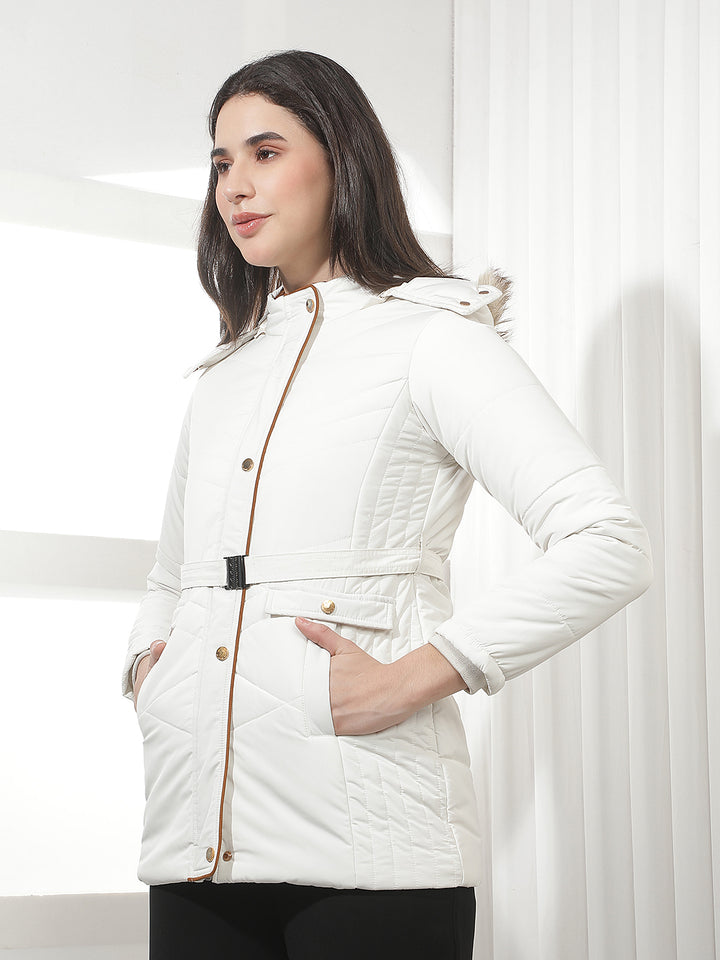 Cream Hooded Puffer Jacket With Belt