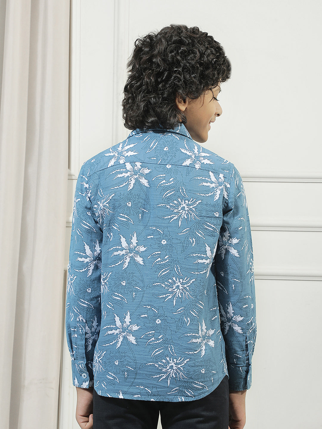 Teal Blue 100% Cotton Floral Print Shirt