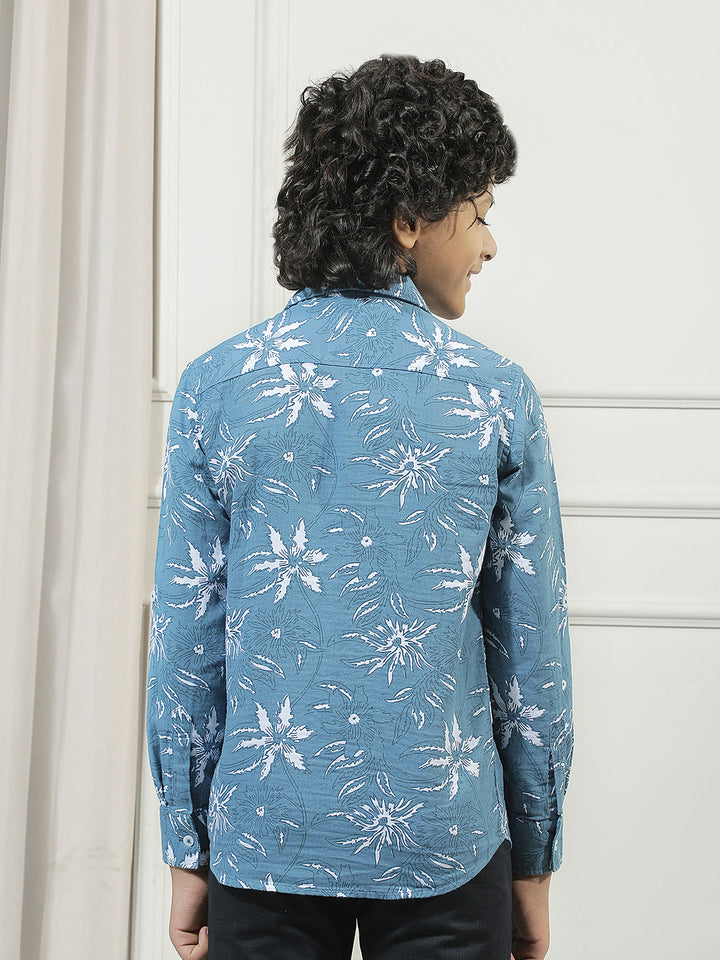 Teal Blue 100% Cotton Floral Print Shirt