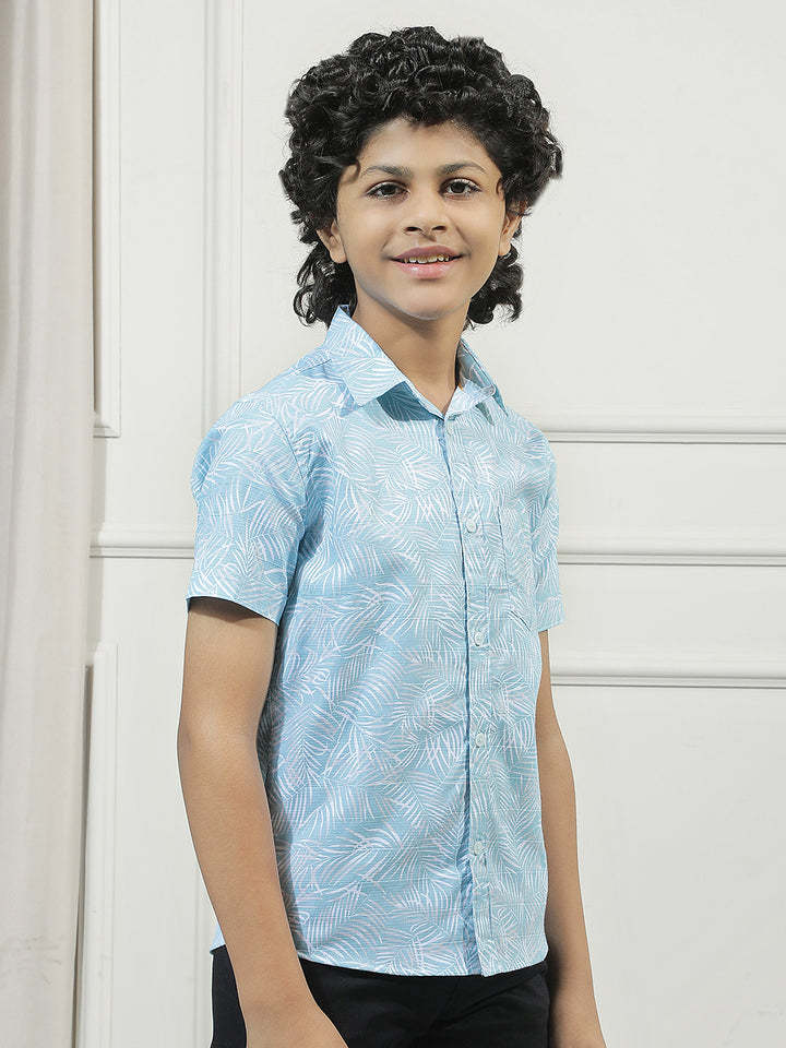 Sky Blue 100% Cotton Botanical Print Shirt