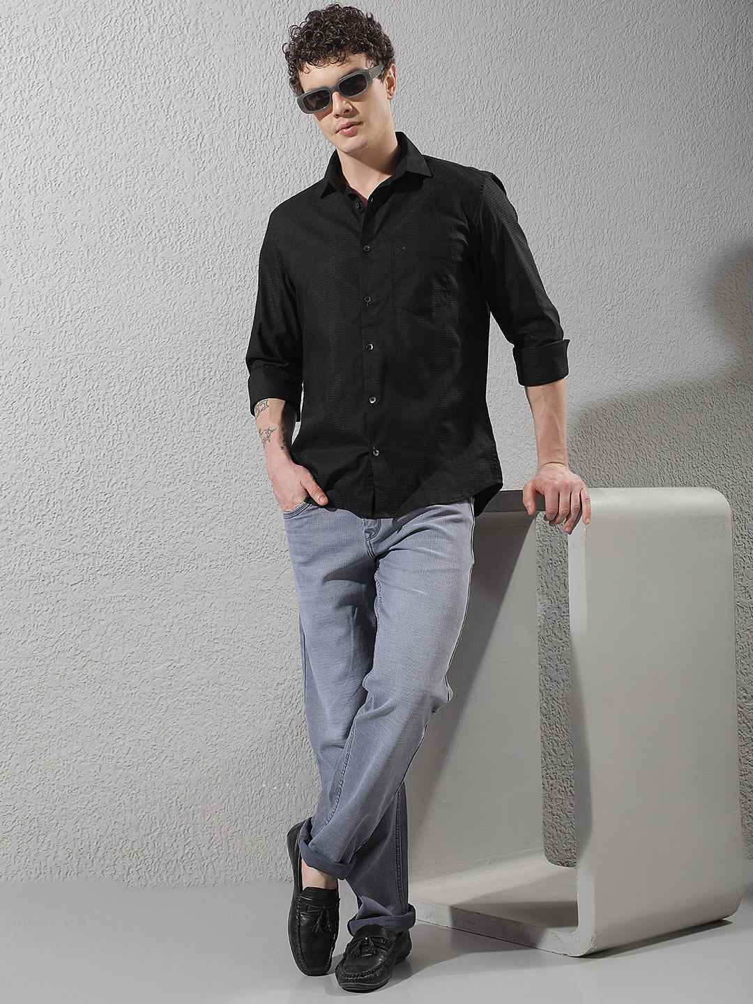 Modern Black Textured Casual Shirt