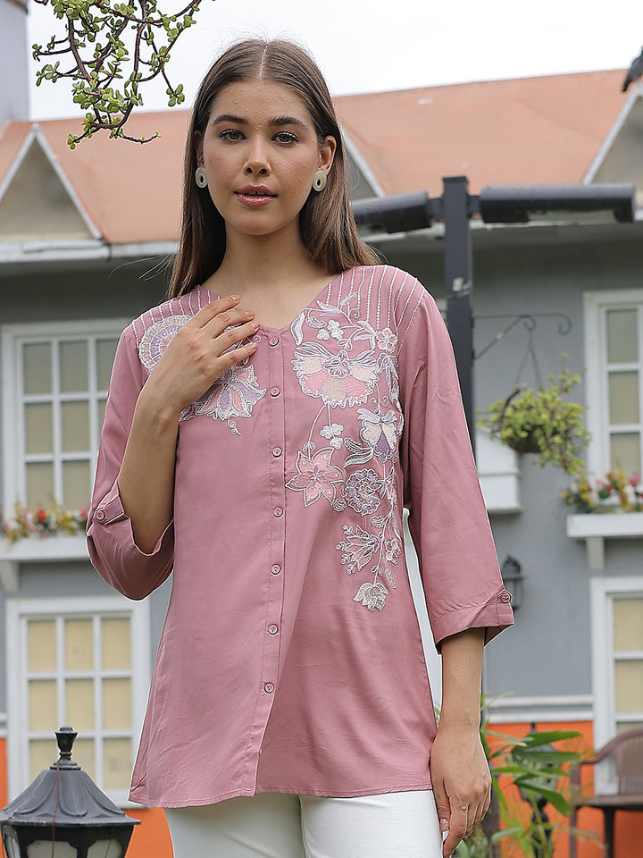 Pink Embroidered V-Neck Top