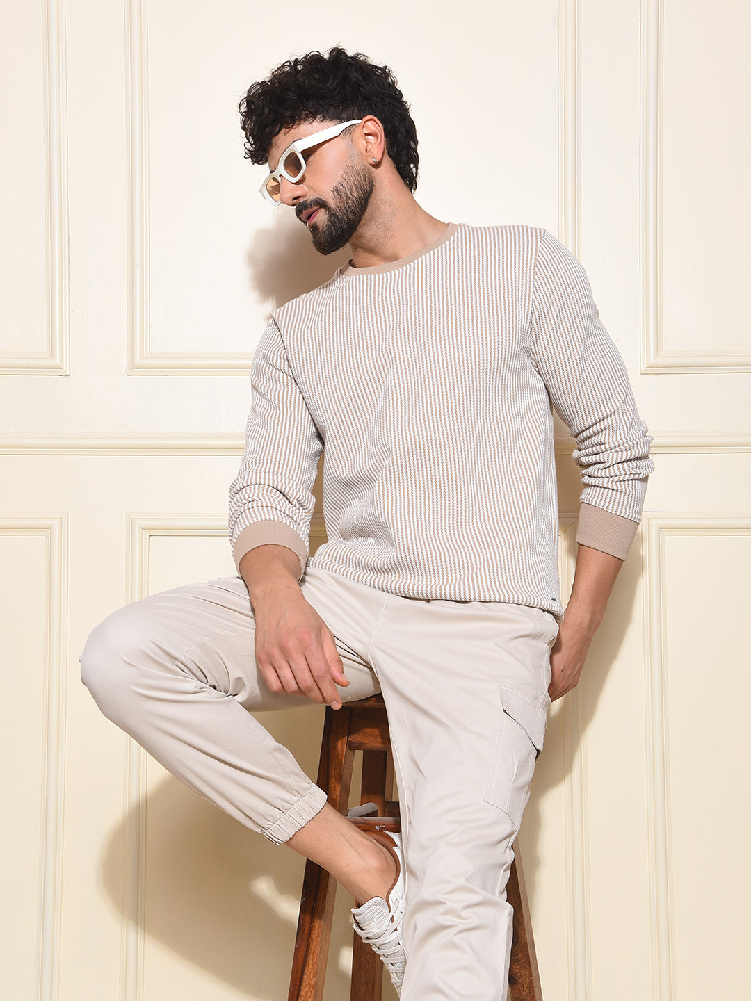 Beige Vertical Stripes Sweatshirt