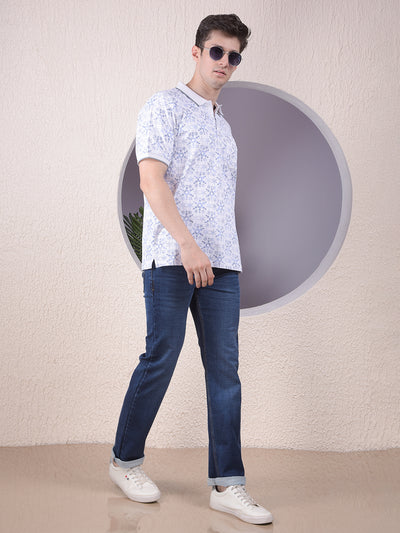 Blue Floral Print Polo-Neck T-Shirt