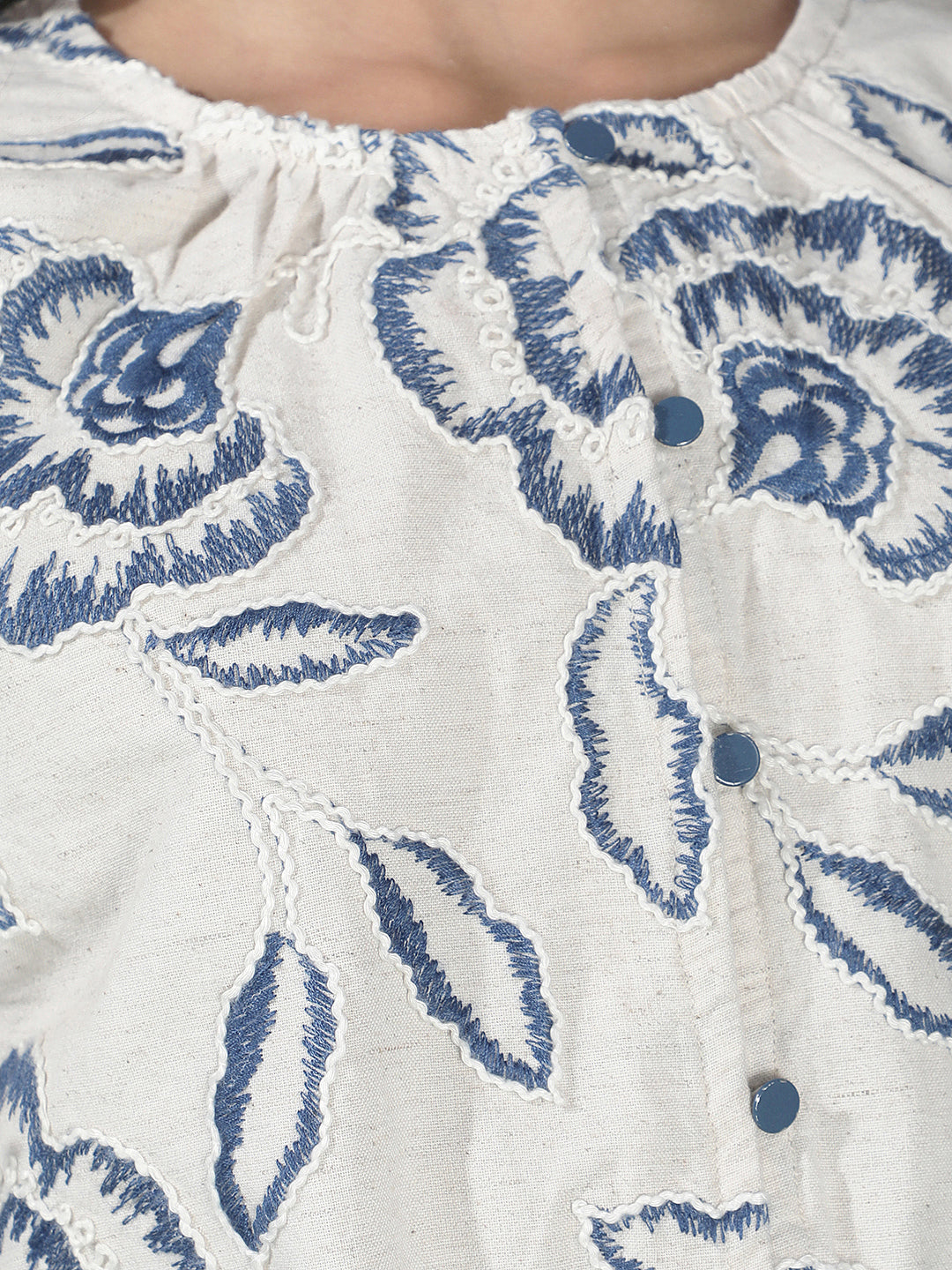 Blue Embroidered Linen Crop-Top