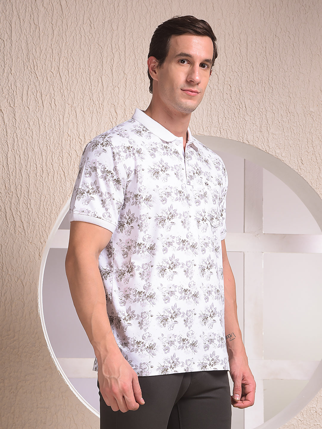 White Floral Print Polo Neck T-Shirt