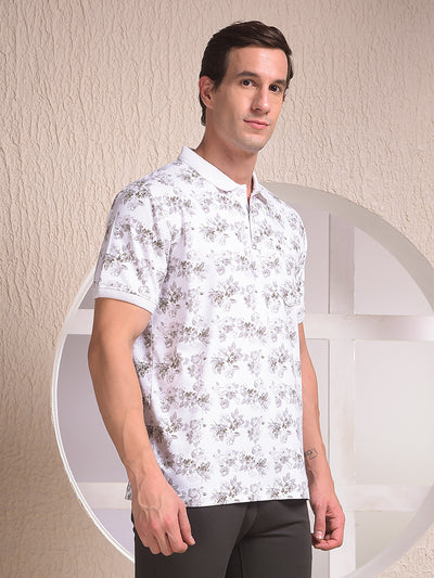 White Floral Print Polo Neck T-Shirt