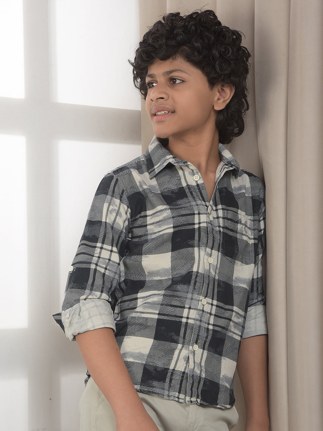 Blue Checked 100% Cotton Corduroy Shirt