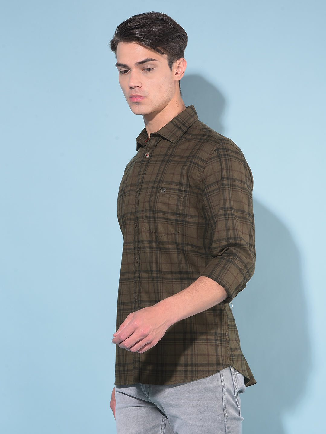 Olive Tartan Check 100% Cotton Shirt-Men Shirts-Crimsoune Club