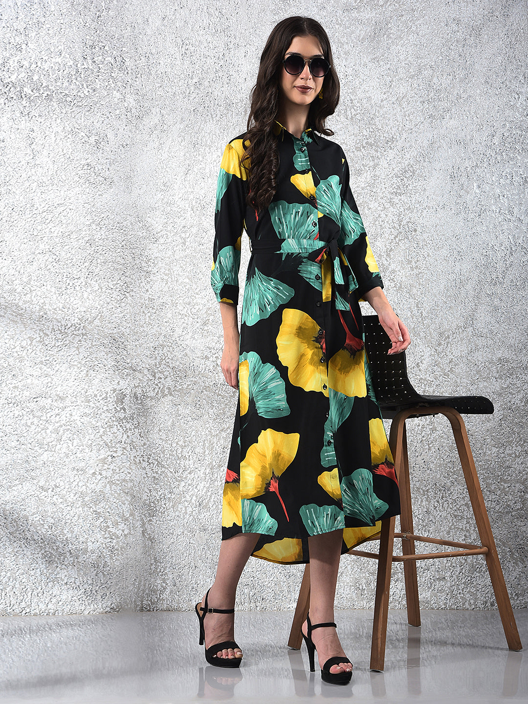 Black Floral Print Midi Shirt-Dress With Belt