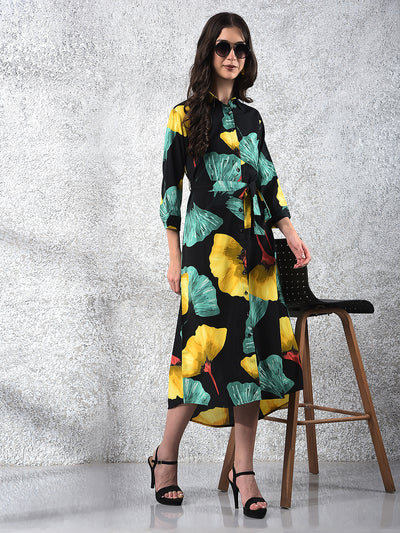 Black Floral Print Midi Shirt-Dress With Belt
