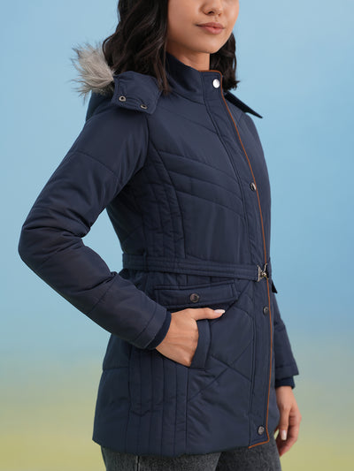 Navy Blue Hooded Neck Quilted Belted Jacket