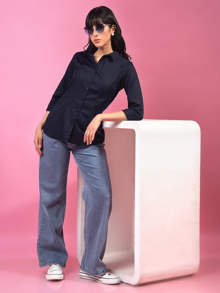 Vibrant Navy Blue Shirt – Go For Effortless Style-Women Shirts-Crimsoune Club