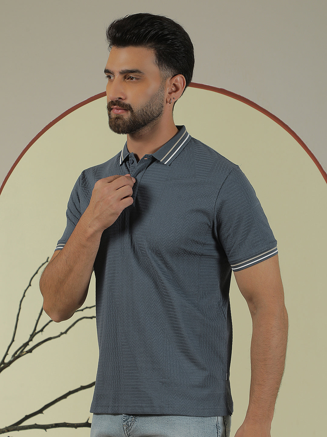 Blue Jacquard Polo Neck T-Shirt