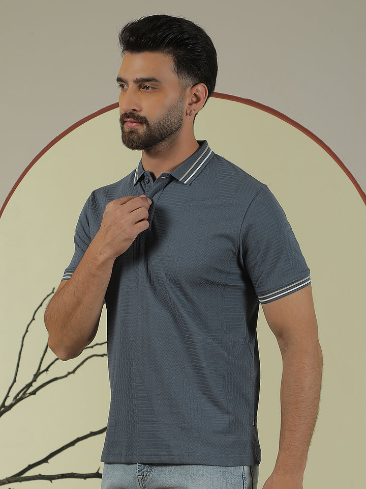 Blue Jacquard Polo Neck T-Shirt