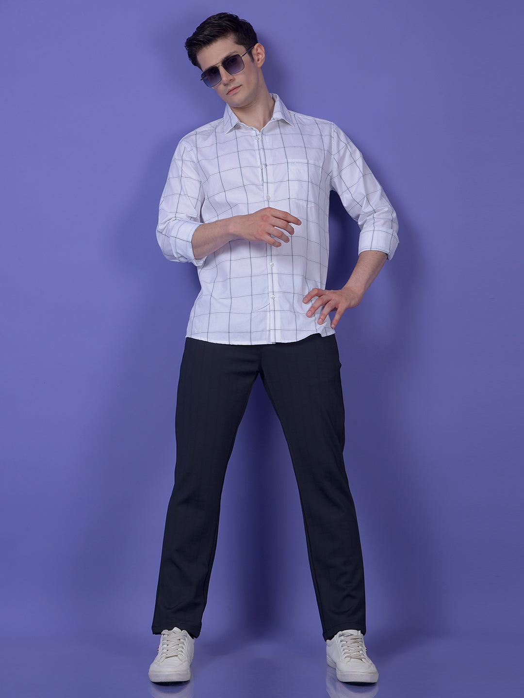 Urban Straight Navy Blue Checked Trousers