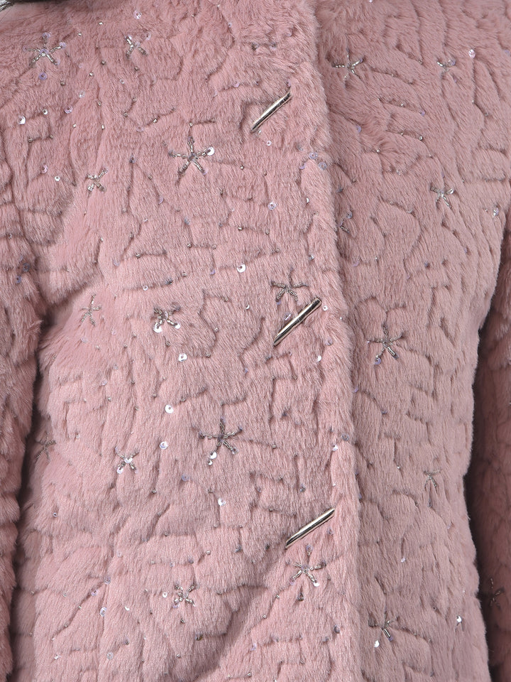 Dusty Pink Plush Embroidered Coat