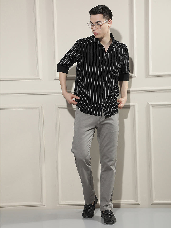 Black Vertical Stripes 100% Cotton Corduroy Shirt