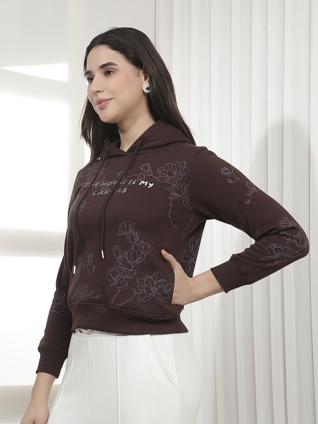 Brown Floral Print Hooded Neck Sweatshirt