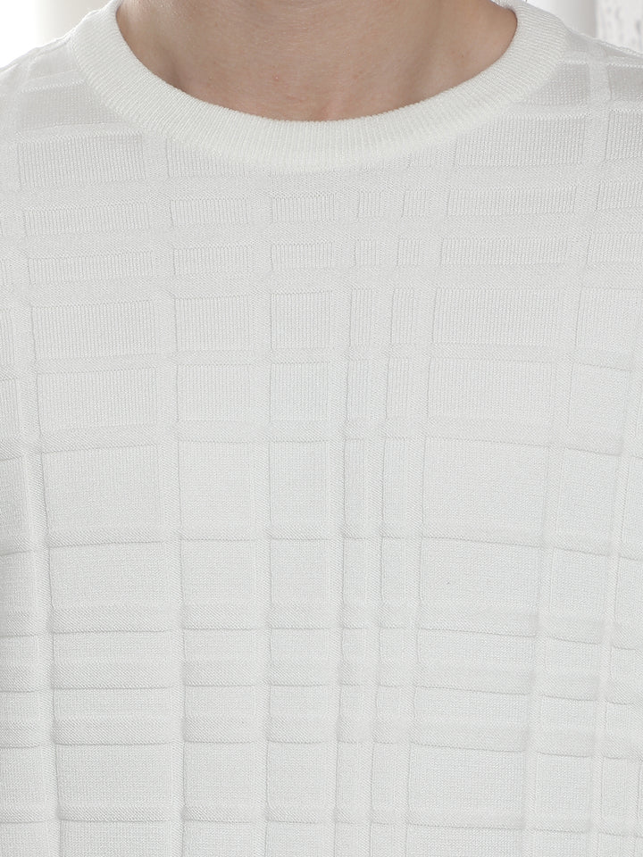 White Jacquard Round Neck Sweater