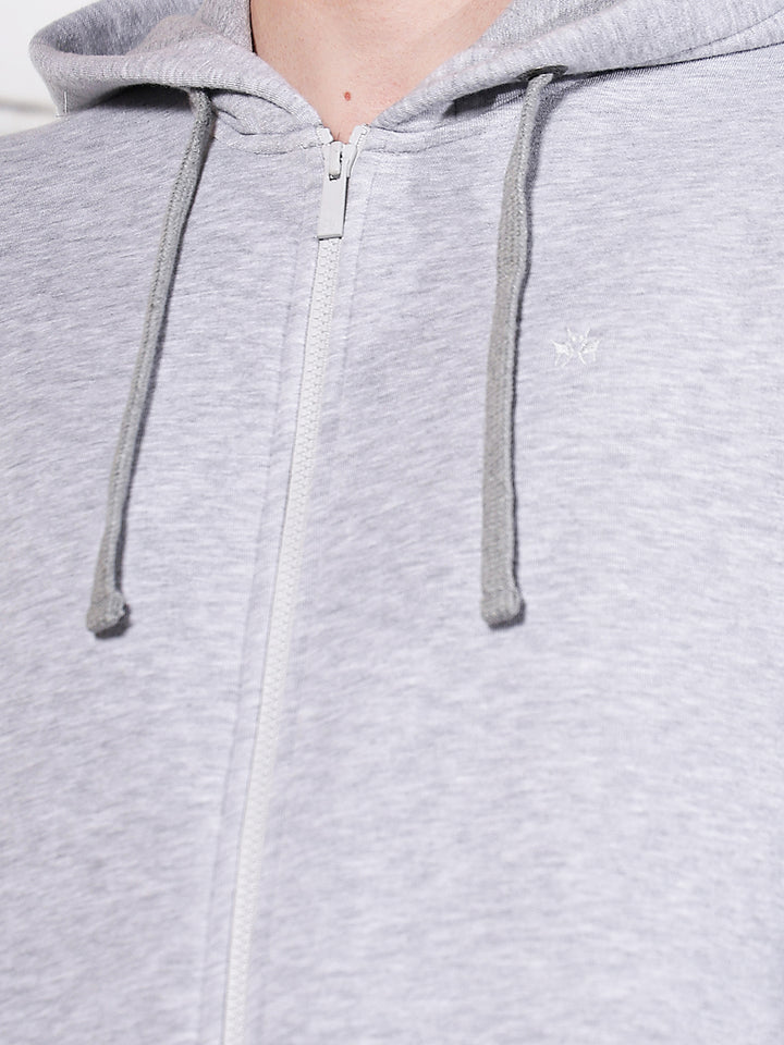 Grey Hooded Neck Front Open Sweatshirt